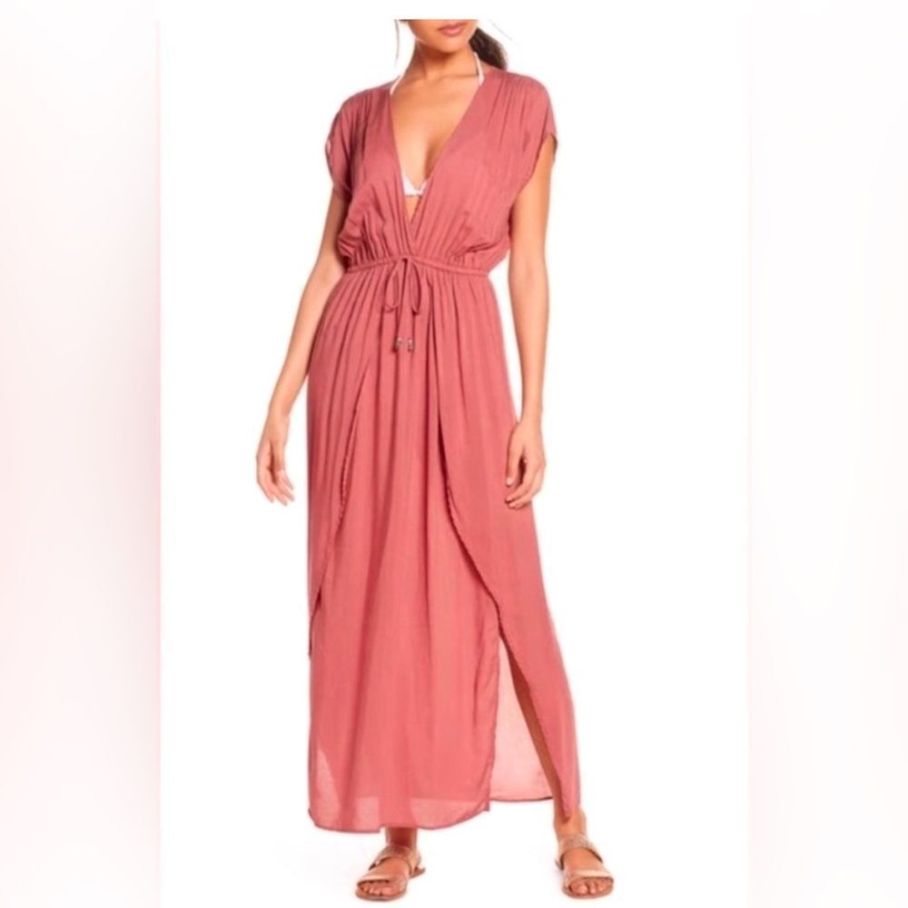 ELAN Deep V-Neck Wrap Maxi Coverup Dress Small